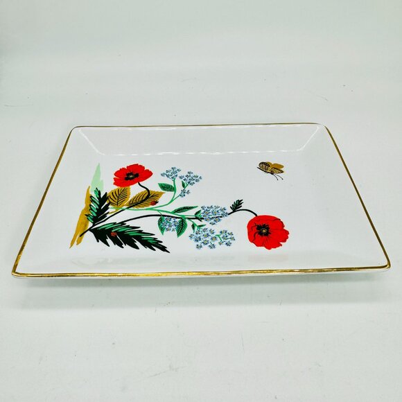 Rifle Paper Co Poppy Botanical Ceramic Catchall Tray/Dish Gold Rim 6.5 x 4.5 in - Picture 3 of 12